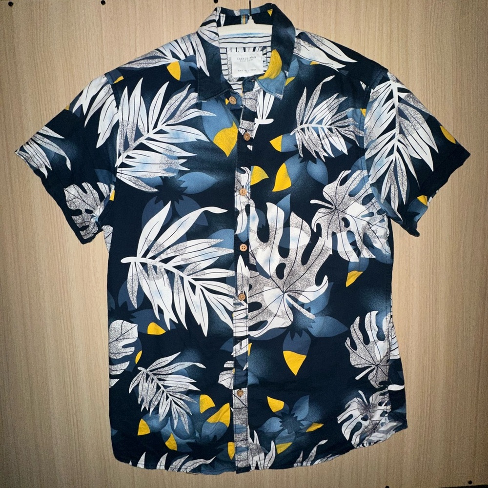 Cactus Navy and Yellow Leaf Print Men's Shirt